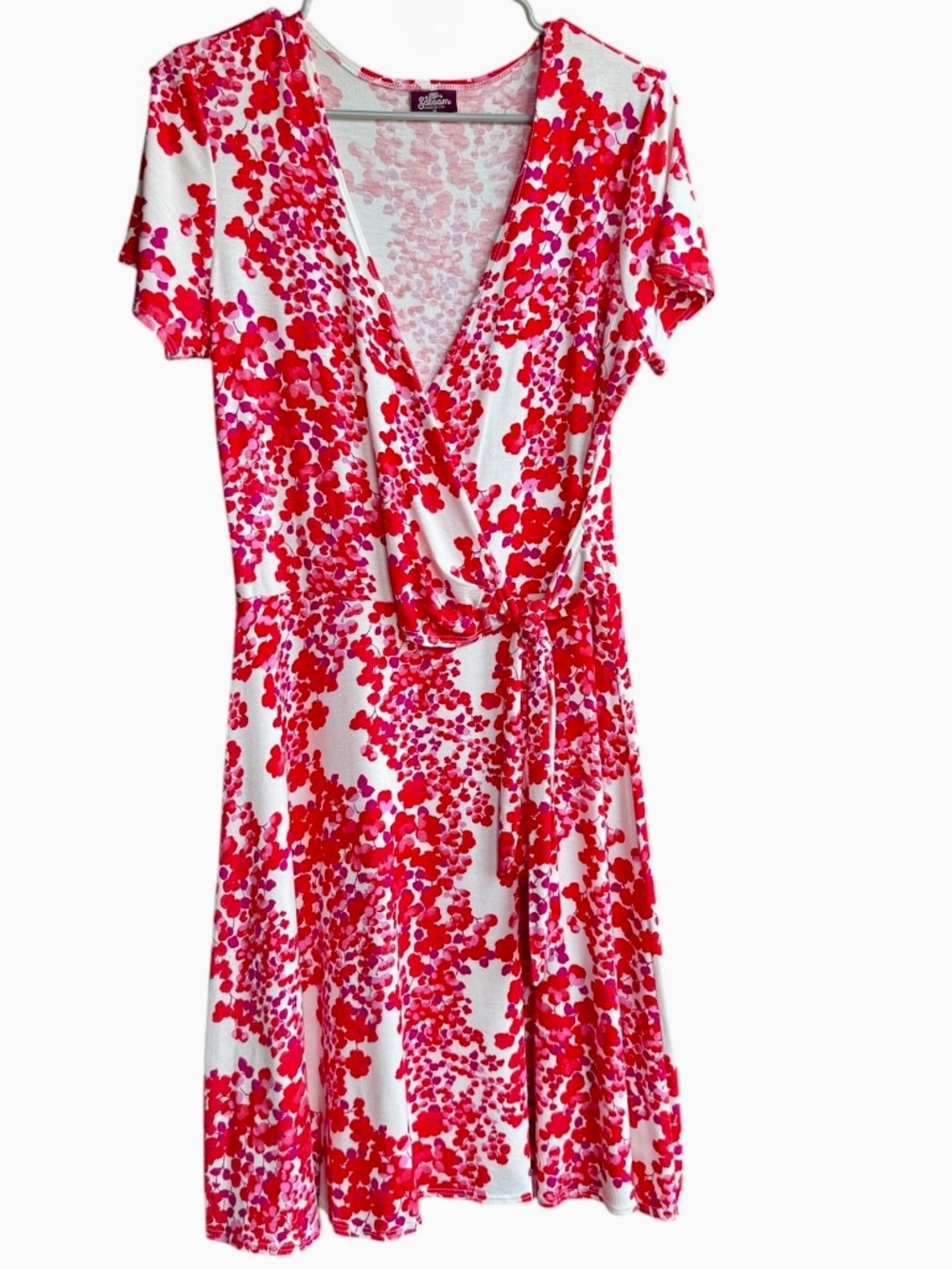 Salaam Tie Faux Wrap Pink & Red Floral Short‎ Sleeve Dress  Sz M
